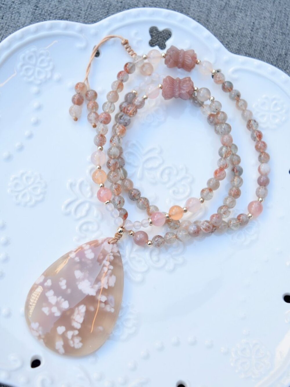 Sakura Agate Teardrop Pendant Orange Necklace - Natural Quartz
